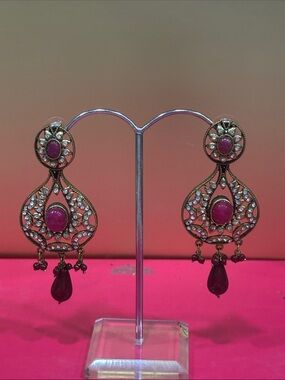 Ruby-Accent Antique Gold Drop Earrings - Women Jewelry